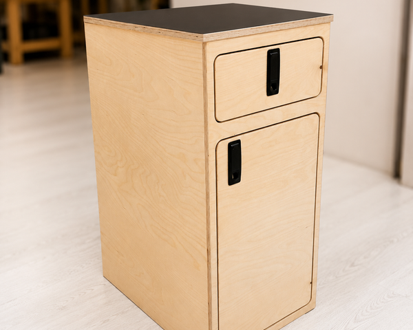 Overland Interiors One+One Base Cabinet with upper drawer, lower storage cabinet and black compression latches