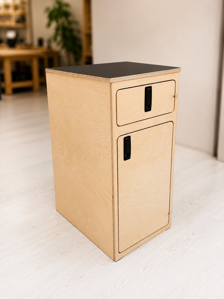 Overland Interiors One+One Base Cabinet with upper drawer, lower storage cabinet and black compression latches