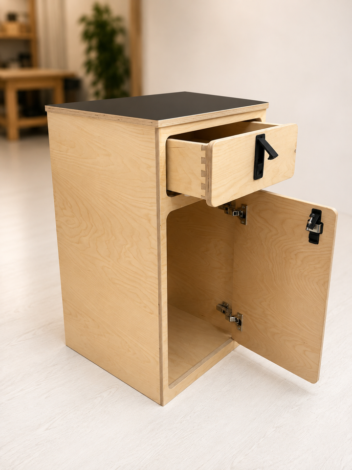 Open Overland Interiors One+One Base Cabinet showing the upper dovetail drawer and spacious lower storage compartment.
