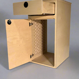 One+One camper van storage cabinet with open drawer and utility storage compartment by Overland Interiors