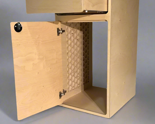 One+One camper van storage cabinet with open drawer and utility storage compartment by Overland Interiors