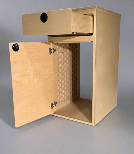 One+One camper van storage cabinet with open drawer and utility storage compartment by Overland Interiors