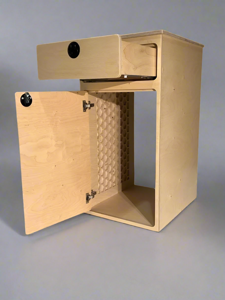 One+One camper van storage cabinet with open drawer and utility storage compartment by Overland Interiors