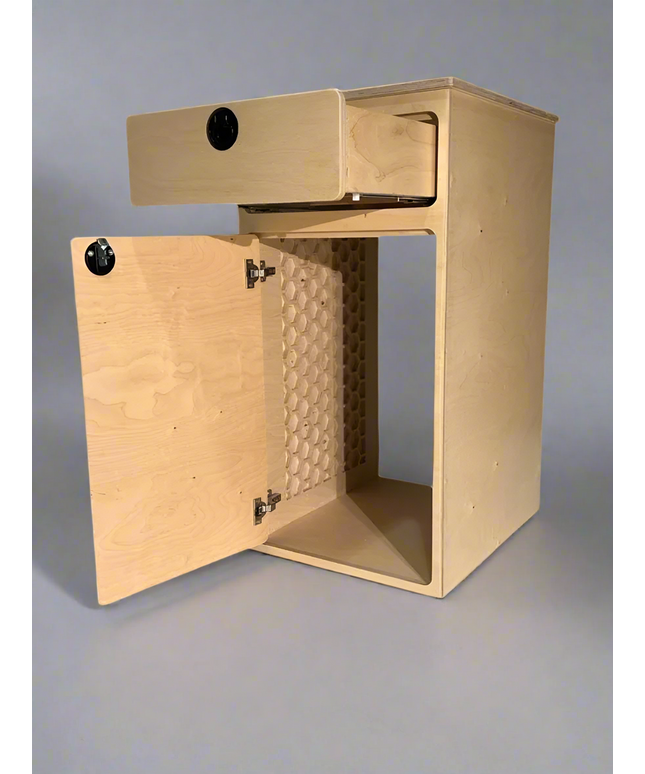 One+One camper van storage cabinet with open drawer and utility storage compartment by Overland Interiors