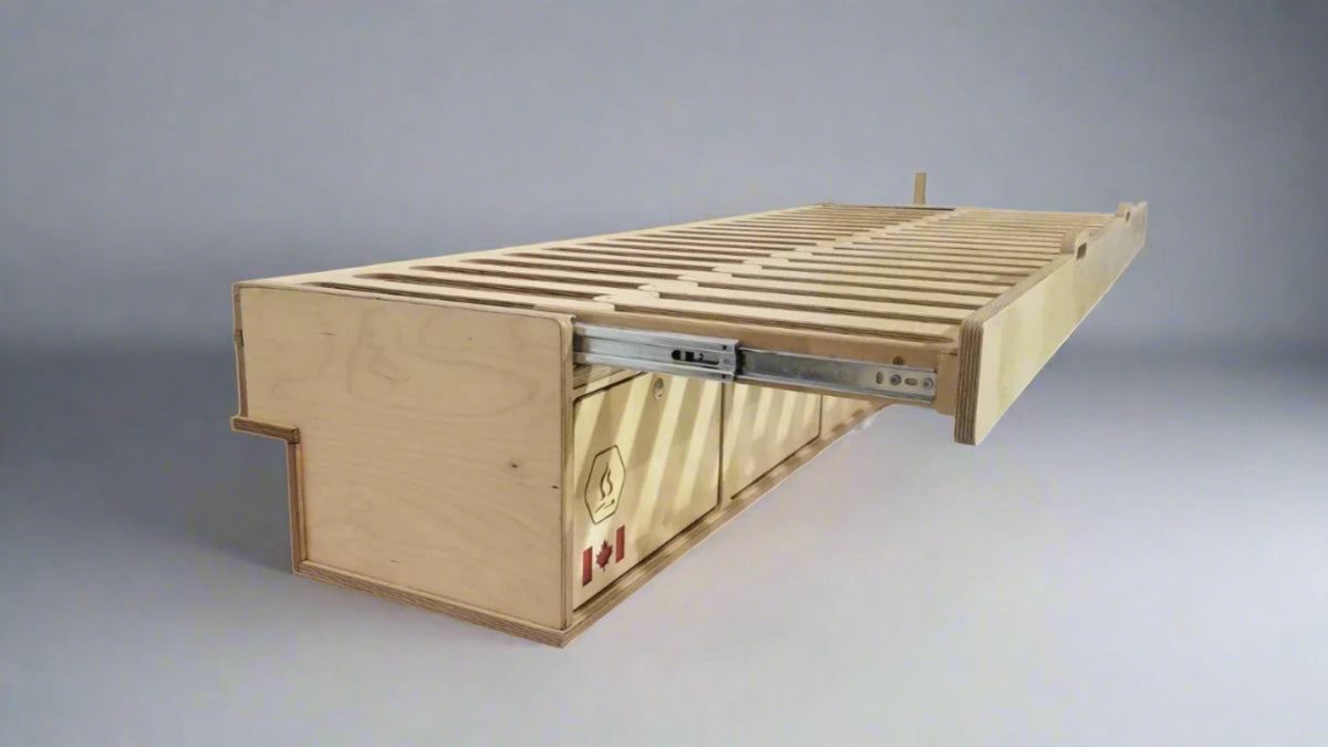 
Overland Interiors slide-out single sleeper van bed platform for low roof camper van conversions