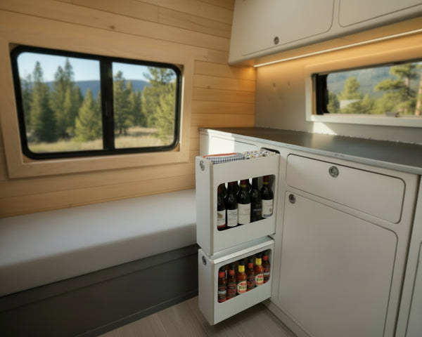 Slim insert cabinet with pull-out narrow storage drawers installed inside a camper van kitchen and storage system by Overland Interiors