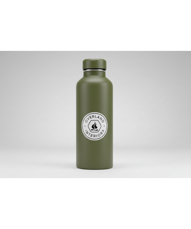 'Overland Interiors' decal sticker on a green water bottle