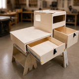 TrailBase™ Vault modular SUV storage system with slide-out cooktop platform, handcrafted dovetail drawers, premium compression latches, and lightweight honeycomb construction by Overland Interiors
