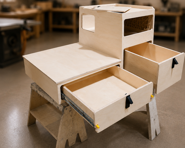 TrailBase™ Vault modular SUV storage system with slide-out cooktop platform, handcrafted dovetail drawers, premium compression latches, and lightweight honeycomb construction by Overland Interiors