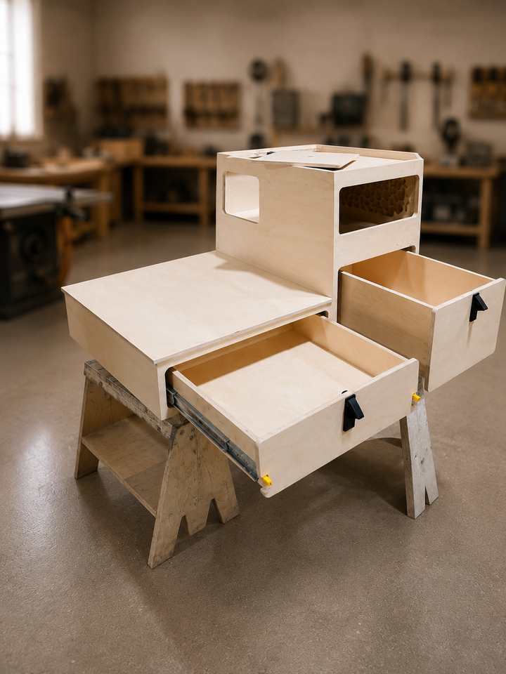 TrailBase™ Vault modular SUV storage system with slide-out cooktop platform, handcrafted dovetail drawers, premium compression latches, and lightweight honeycomb construction by Overland Interiors