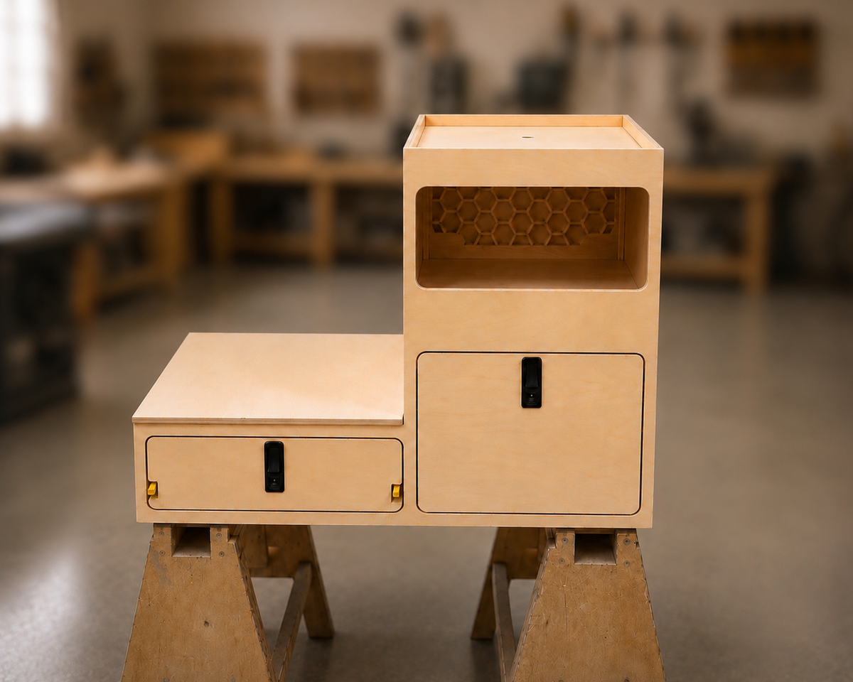 TrailBase™ Vault rear SUV storage system with a slide-out cooktop platform, two handcrafted dovetail drawers and lightweight honeycomb construction, proudly built by Overland Interior