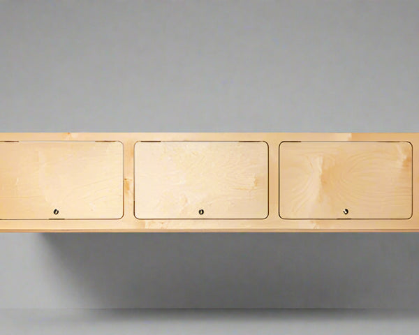 Universal upper storage cabinet with flat panel doors for camper van and overland vehicle conversions by Overland Interiors