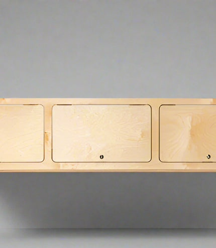 Universal upper storage cabinet with flat panel doors for camper van and overland vehicle conversions by Overland Interiors