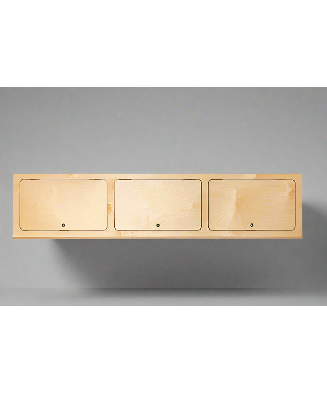 Universal upper storage cabinet with flat panel doors for camper van and overland vehicle conversions by Overland Interiors