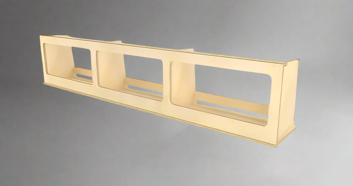 Universal upper storage cabinet with open shelving design for camper van and overland vehicle conversions by Overland Interiors.