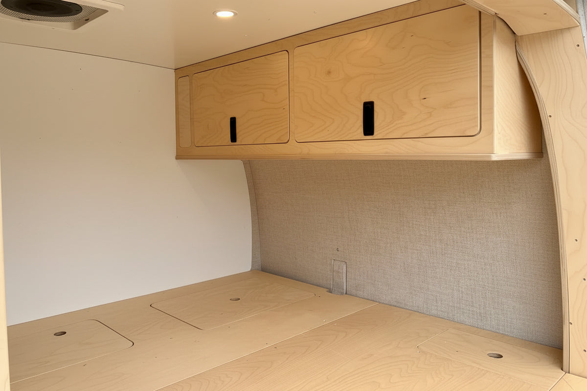 Overland Interiors overhead camper van storage cabinet designed for low roof van conversion kits