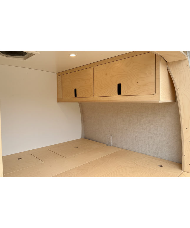 Overland Interiors overhead camper van storage cabinet designed for low roof van conversion kits