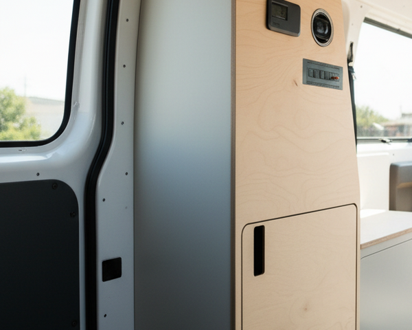 Overland Interiors camper van utility cabinet with built-in electrical controls and power storage for off-grid van conversions