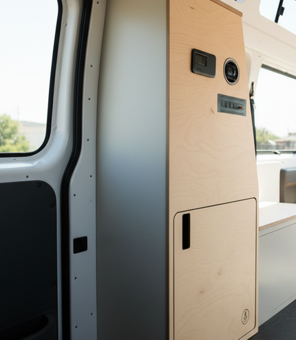 Overland Interiors camper van utility cabinet with built-in electrical controls and power storage for off-grid van conversions