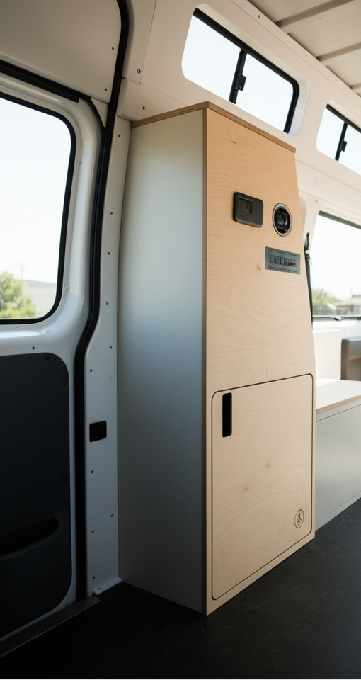 Overland Interiors camper van utility cabinet with built-in electrical controls and power storage for off-grid van conversions