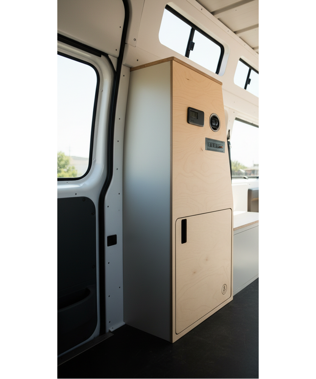 Overland Interiors camper van utility cabinet with built-in electrical controls and power storage for off-grid van conversions