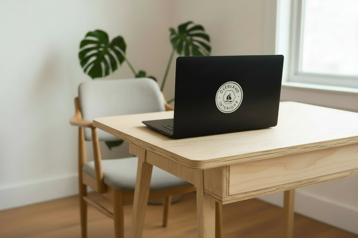 Overland Interiors van life and overland vinyl sticker displayed on a laptop.
