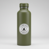 Overland Interiors van life and overland sticker applied to a reusable water bottle.