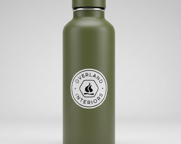 Overland Interiors van life and overland sticker applied to a reusable water bottle.