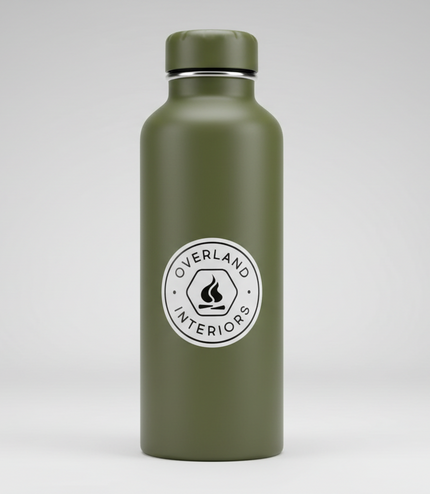 Overland Interiors van life and overland sticker applied to a reusable water bottle.