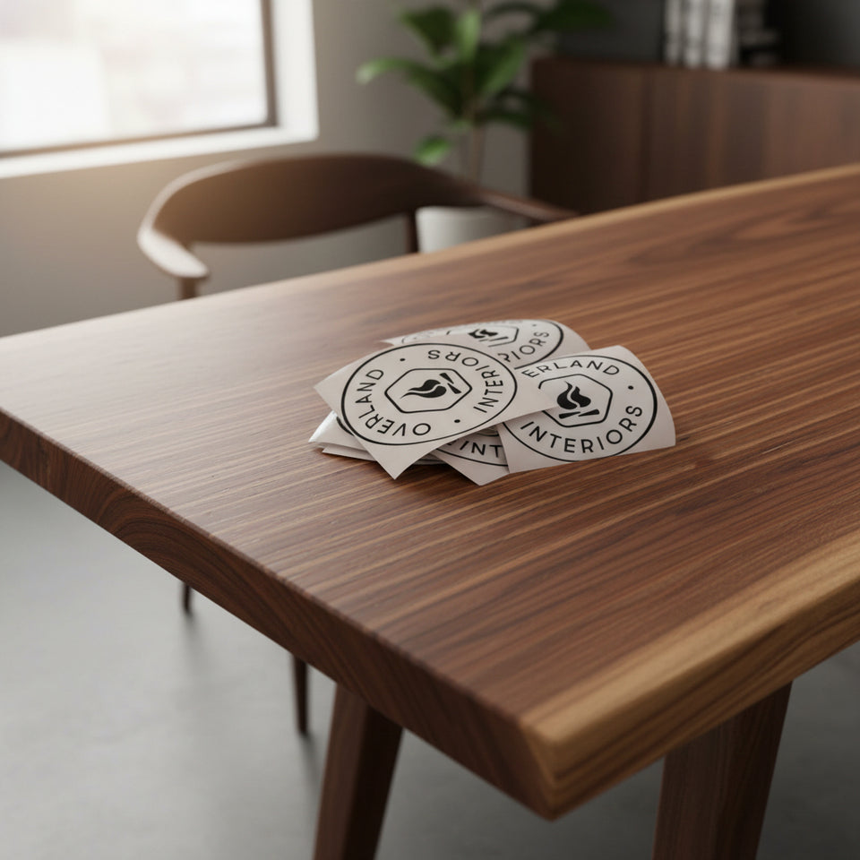 Overland Interiors van life and overland vinyl sticker pack displayed on a walnut dining table.
