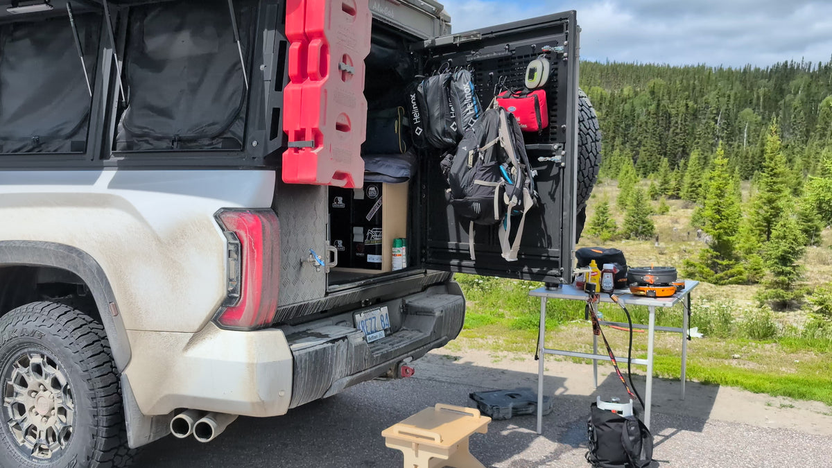 Video showcasing the Overland Interiors flat pack camper van step stool for overland travel, camping, and outdoor use