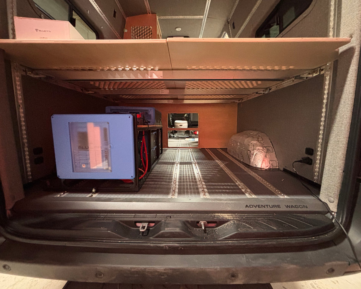 Compact living space inside a vehicle with a bed, and battery system