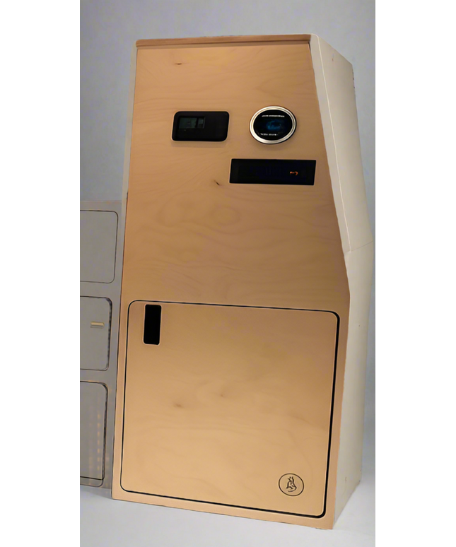 plywood utility cabinet with control panel on a light gray background
