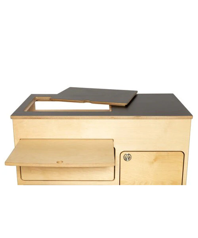 Top view birch plywood 36 inch kitchen cabinet with multiple drawers and black laminate top for low and high roof camper vans