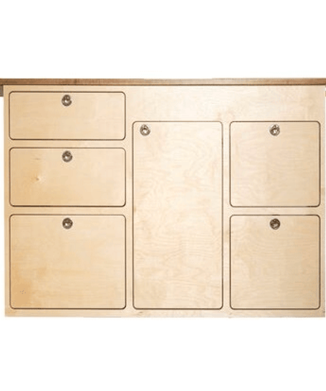 front view of kitchen cabinet showing 6 spacious drawers and compartments - great for low and high roof camper vans