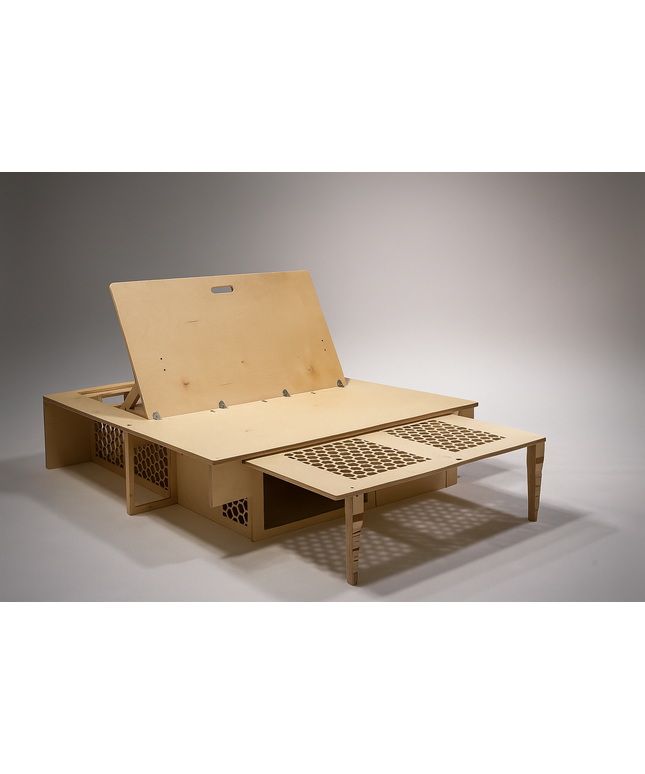 wooden bed frame with open backrest on a gray background