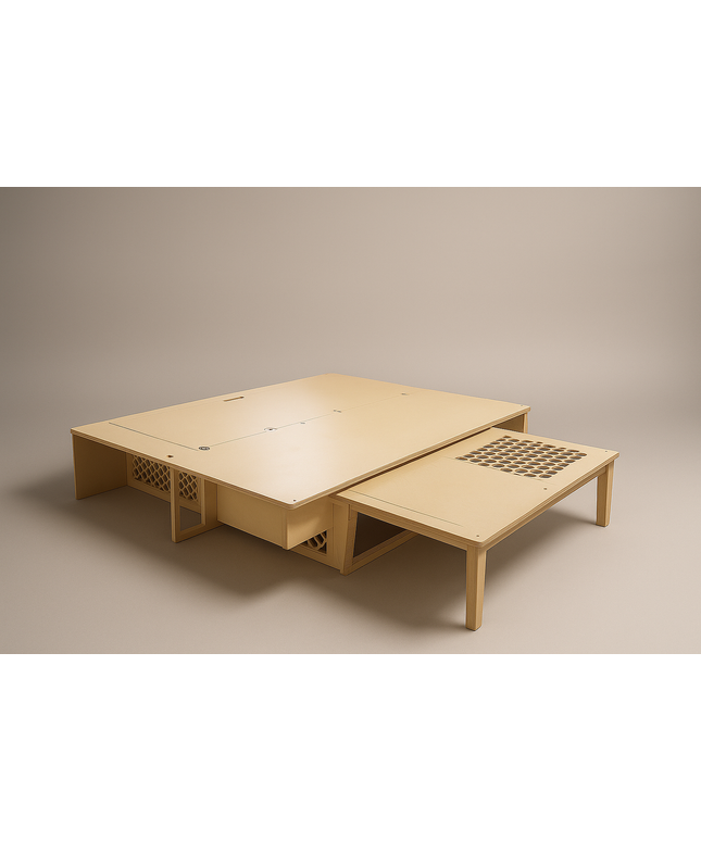 Wooden platform bed with honeycomb cut out on a beige background