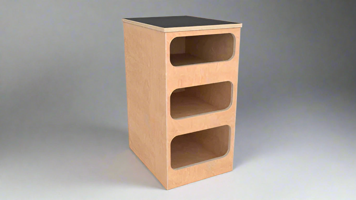 overland interiors' birch plywood base cabinet with three compartments and black laminate top  