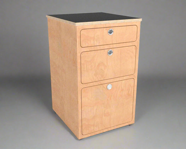Overland Interiors' three compartment birch plywood cabinet for vans