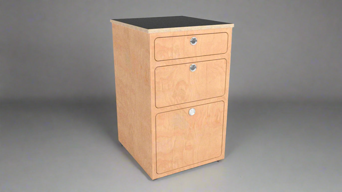 Overland Interiors' three compartment birch plywood cabinet for vans