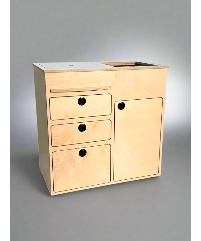 3 drawer full capacity birch plywood kitchenette with water storage - perfect for van life and weekend camper van adventures