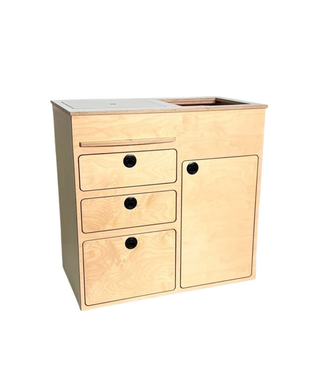 3 drawer full capacity birch plywood kitchenette with water storage - perfect for van life and weekend camper van adventures