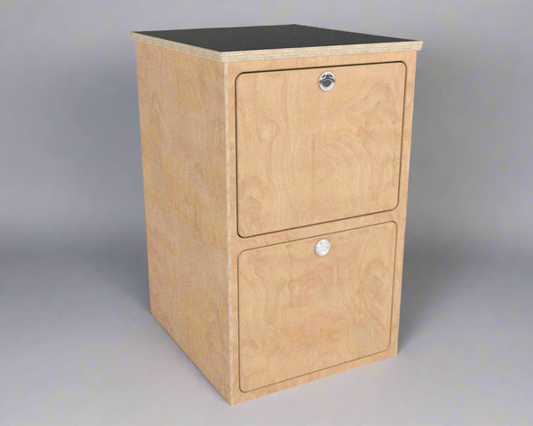 Overland Interiors' birch plywood base cabinet with two deep drawers and black laminate top 