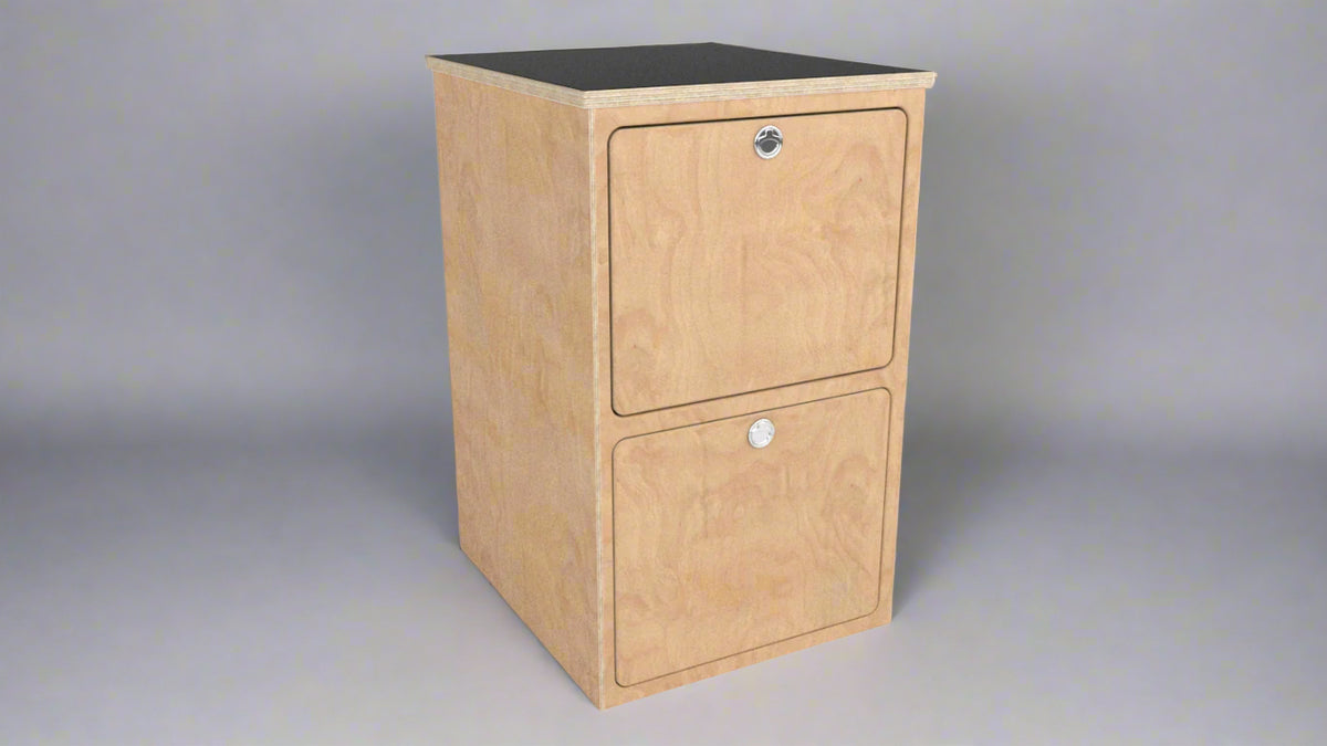 Overland Interiors' birch plywood base cabinet with two deep drawers and black laminate top 