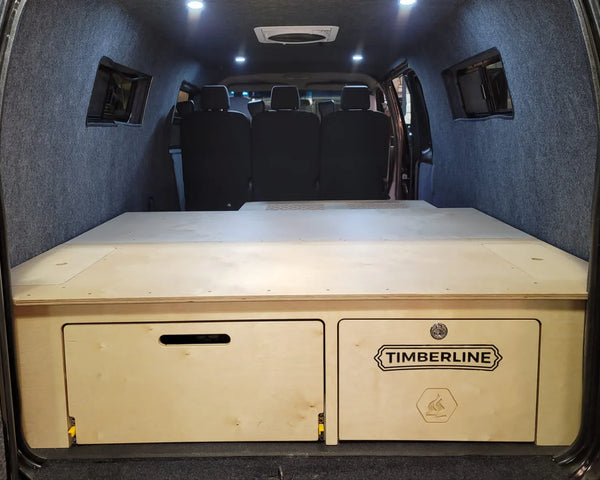 overland interiors' bed platform with two storage drawers 