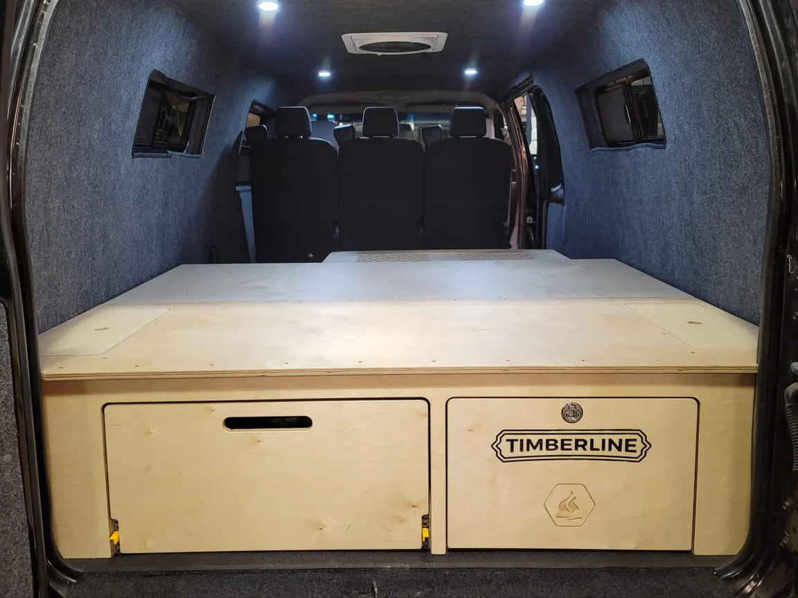 overland interiors' bed platform with two storage drawers 